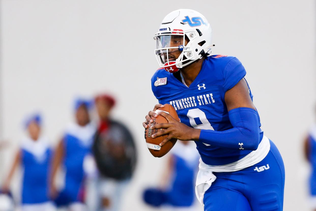 Tennessee State's Deveon Bryant (8) looks to pass the ball during the Southern Heritage Classic between Tennessee State University and University of Arkansas at Pine Bluff in Memphis, Tenn., on Saturday, September 9, 2023.