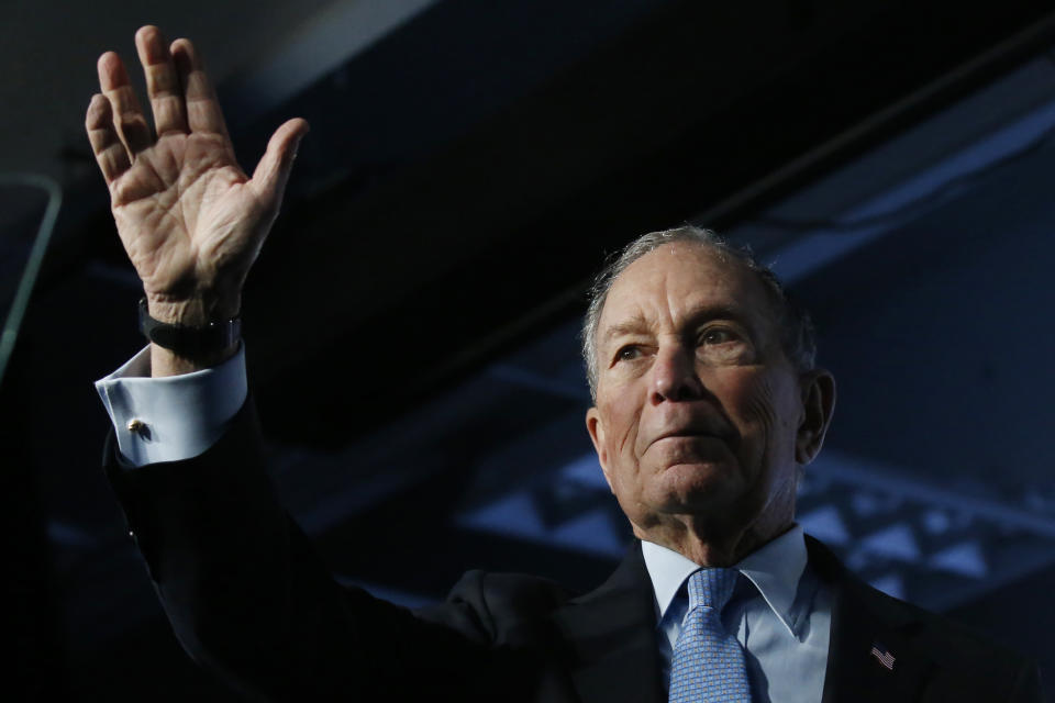 Democratic presidential candidate and former New York City Mayor Mike Bloomberg waves after speaking at a campaign event, Thursday, Feb. 20, 2020, in Salt Lake City. (AP Photo/Rick Bowmer)