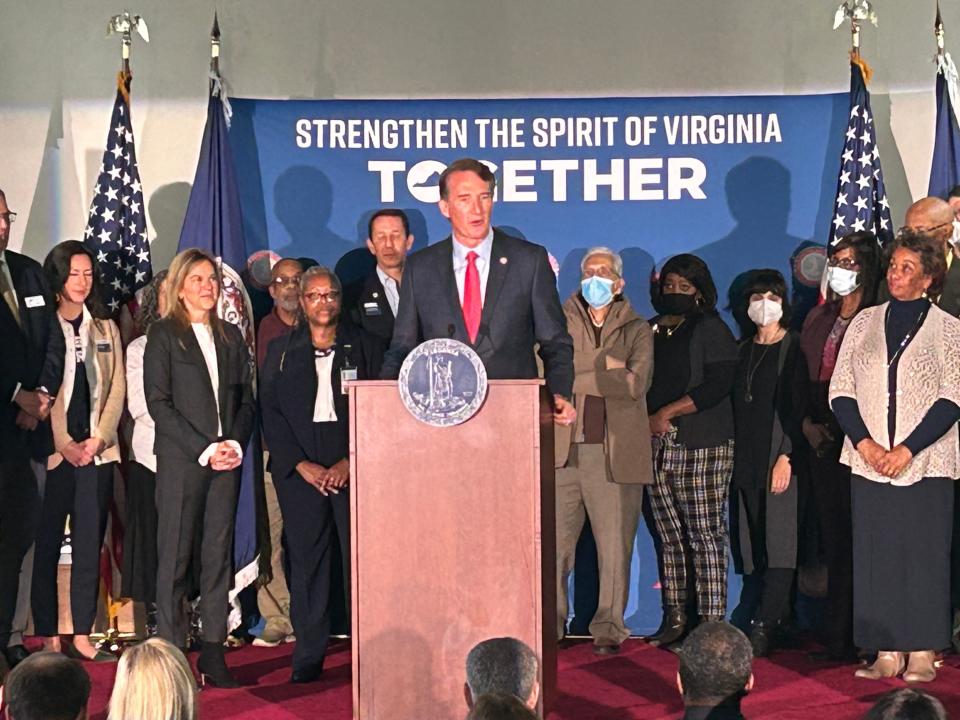 Gov. Glenn Youngkin speaks to the crowd Wednesday, Nov. 30, 2022 at Pathways in Petersburg. The governor and first lady donated his quarterly salary of $43,750 to the nonprofit group.