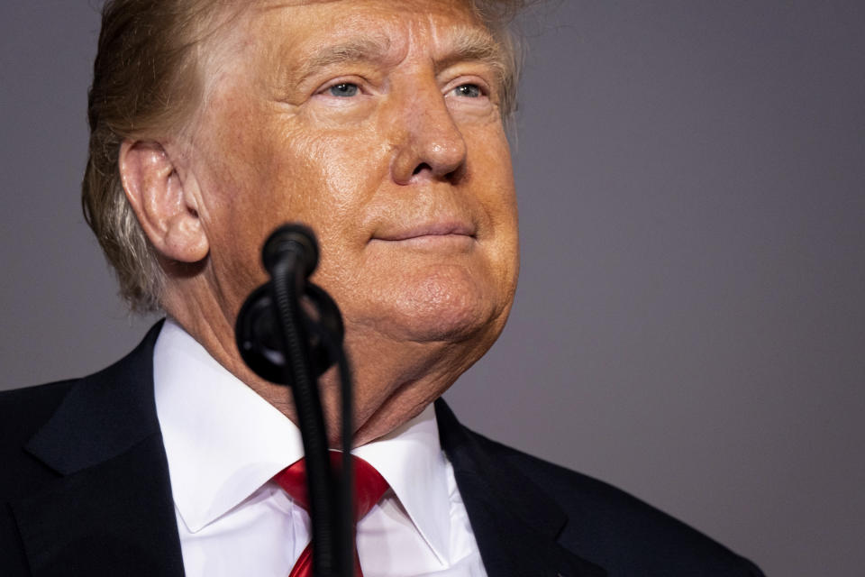 Former President Donald Trump speaks during his Save America rally in Perry, Ga., on Saturday, Sept. 25, 2021. (AP Photo/Ben Gray)