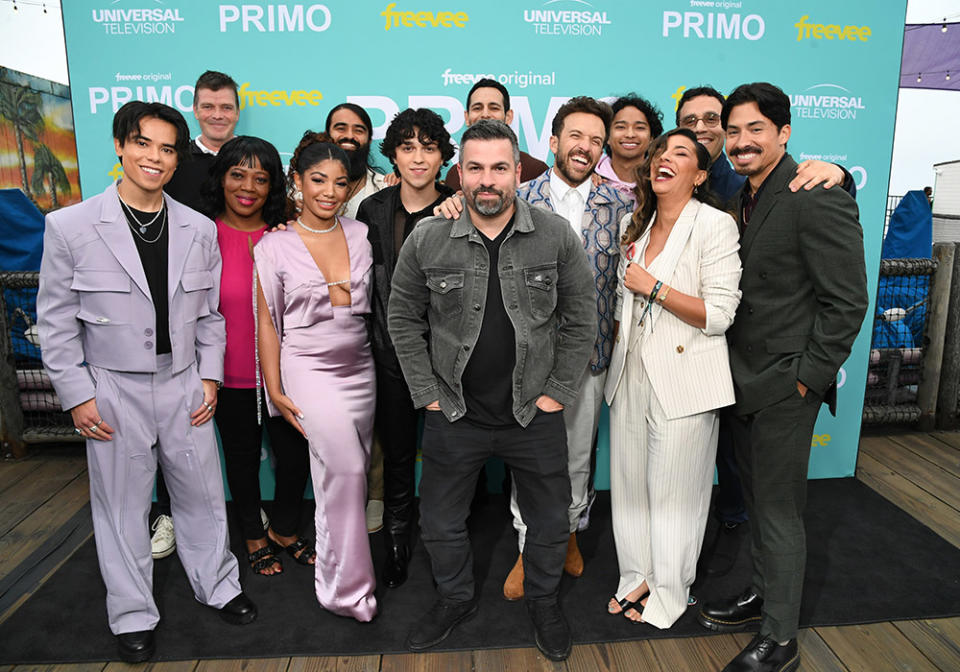 (L-R) Martin Martinez, Morgan Sackett, Mimi Fletcher, Stakiah Lynn Washington, Efrain Villa, Ignacio Diaz-Silverio, Ryan Pirozzi, Head of Amazon Freevee, Johnny Rey Diaz, Henri Esteve, Nigel Siwabessy, Christina Vidal, Jonathan Medina and Carlos Santos attend Primo Park After Dark hosted by Amazon Freevee and Universal Television at Pacific Park on the Santa Monica Pier on May 17, 2023 in Santa Monica, California.