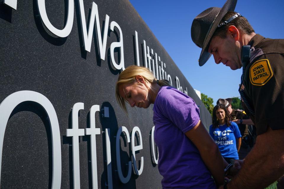 Jessica Reznicek is arrested July 24, 2017 in Des Moines after claiming responsibility for acts of sabotage against the Dakota Access Pipeline and pulling letters off the Iowa Utilities Board sign. The Eighth U.S. Circuit Court of Appeals on Monday upheld her eight-year prison sentence for the pipeline vandalism.