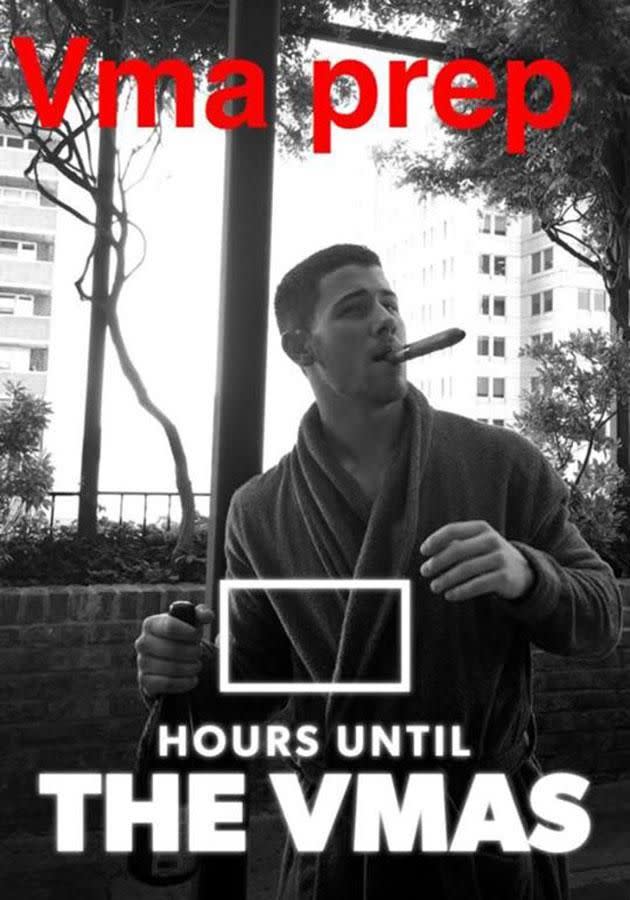Nick documents getting ready for the VMAs. Source: Snapchat