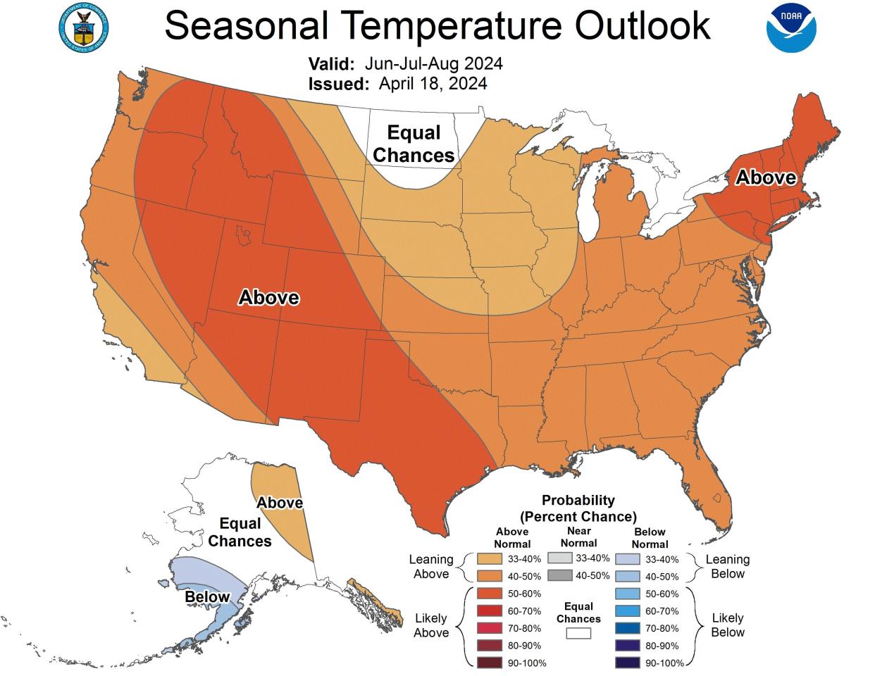 The summer forecast map for the US shows that nearly the entire nation is expected to see above-average temperatures (shown in orange and red).