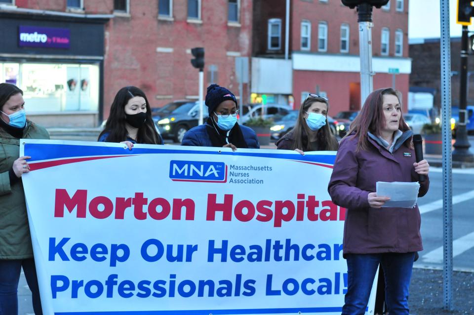 Registered Nurse Maurya Muise speaks at a Massachusetts Nurses Association rally for Morton Hospital nurses on Thursday, Jan. 13, 2022 on Taunton Green.