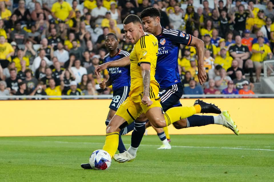 Aug 20, 2023; Columbus, Ohio, USA; Columbus Crew forward Christian Ramirez (17) takes a shot during the first half of the MLS soccer match against FC Cincinnati at Lower.com Field.