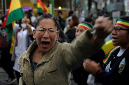 A woman shouts during a protest in La Paz against election results giving Evo Morales a fourth presidential term