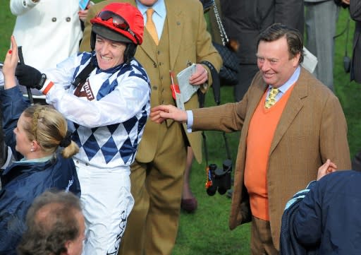 Trainer Nicky Henderson (R) pictured celebrating Altior's record-equalling win at Cheltenham last month