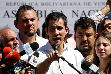 Juan Guaido, President of the Venezuelan National Assembly and lawmaker of the opposition party Popular Will (Voluntad Popular), speaks during a gathering in La Guaira, Venezuela January 13, 2019. REUTERS/Carlos Garcia Rawlins