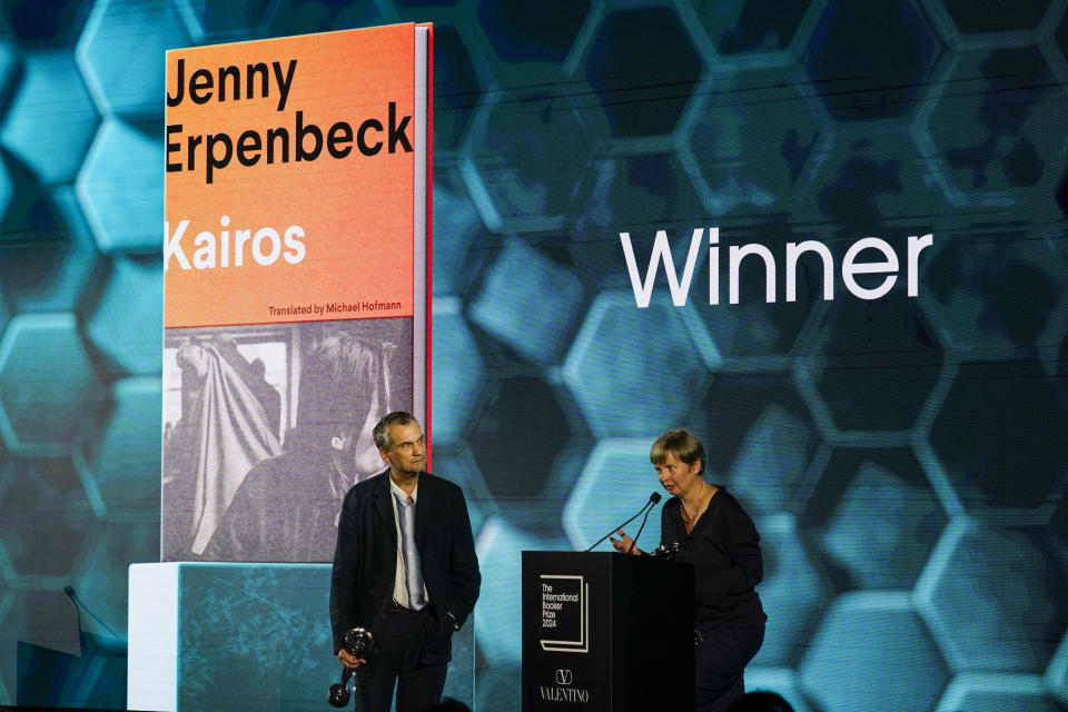 Jenny Erpenbeck, author of 'Kairos', speaks after winning the International Booker Prize, in London, Tuesday, May 21, 2024. (AP Photo/Alberto Pezzali)