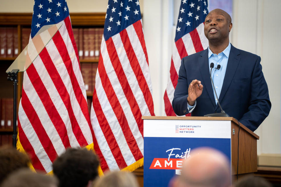 Sen. Tim Scott, R-S.C., speaks to a gathering at Drake University, Wednesday, Feb. 22, 2023.