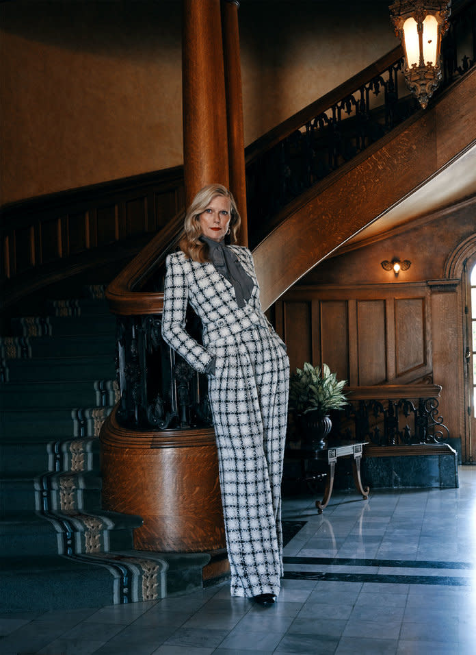 Chanel jacket and pants. Gucci shirt. Chopard earrings. Erdem pumps.  | <p>Photo by Paul McLean</p>