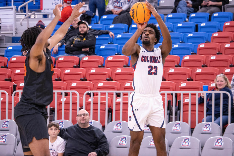 Robert Morris point guard Chris Ford takes a shot in the Colonials home game against West Virginia Wesleyan during the 2022-23 season.