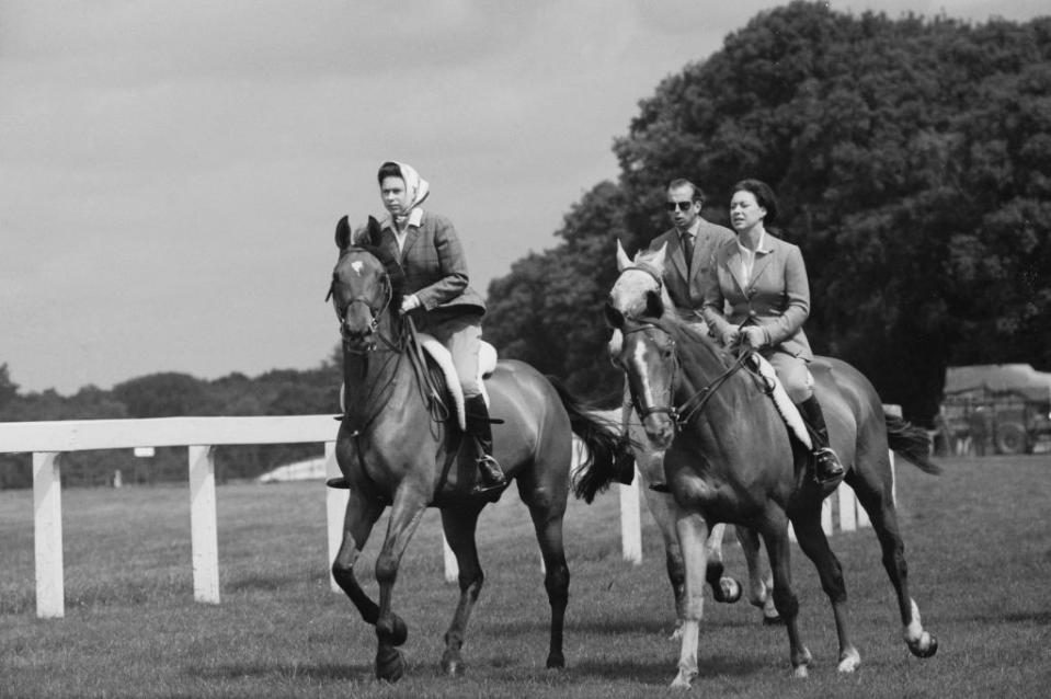 <p>Like his cousins, Prince Edward is an avid horse rider. Here, at the Ascot Racecourse, he rides with Queen Elizabeth II (left) and Princess Margaret (right).</p>