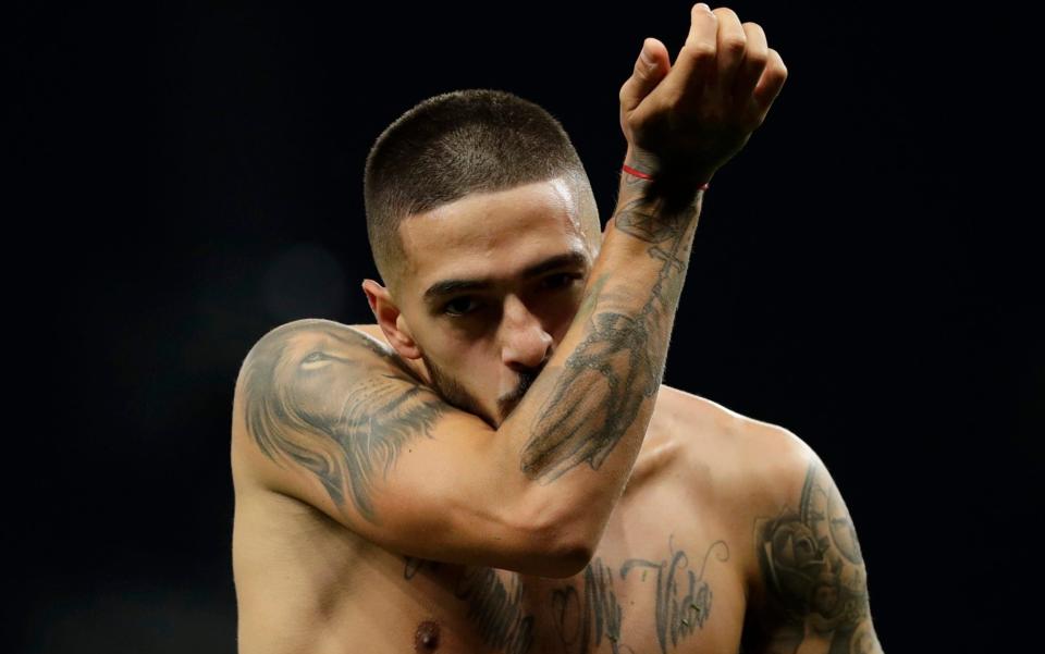 West Ham's Manuel Lanzini celebrates after scoring his side's third goal during the English Premier League soccer match between Tottenham Hotspur and West Ham United - Matt Dunham/AP Pool