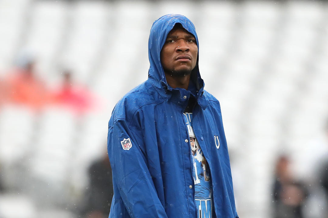 JACKSONVILLE, FLORIDA - OCTOBER 06: Quarterback Anthony Richardson #5 of the Indianapolis Colts looks on prior to a game against the Jacksonville Jaguars at EverBank Stadium on October 06, 2024 in Jacksonville, Florida. (Photo by Courtney Culbreath/Getty Images)