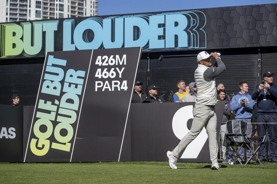 Captain Bryson DeChambeau, of Crushers GC, hits from the ninth tee during the final round of LIV Golf Las Vegas at Las Vegas Country Club, Saturday, Feb. 10, 2024, in Las Vegas. (Charles Laberge/LIV Golf via AP)