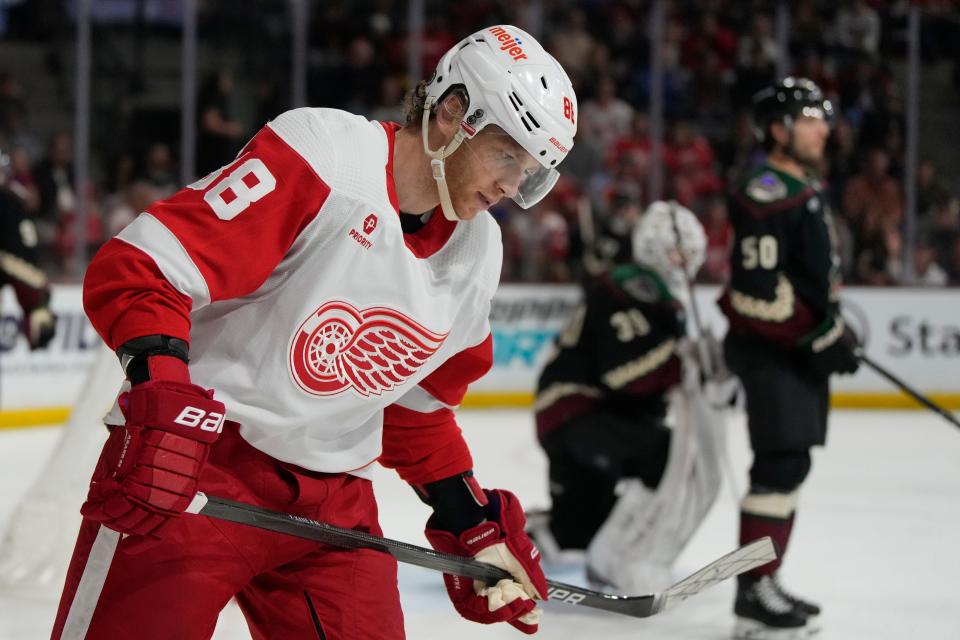 Detroit Red Wings right wing Patrick Kane reacts after missing a shot against the Arizona Coyotes in the second period at Mullett Arena in Tempe, Arizona, on Friday, March 8, 2024.