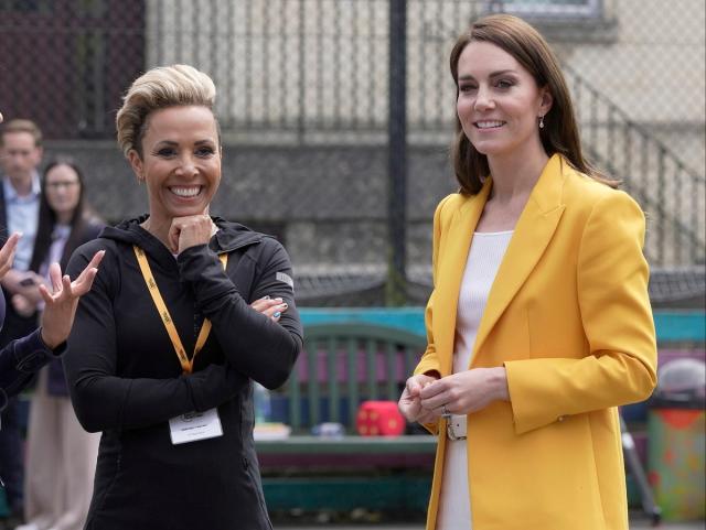 The Princess of Wales (right) and Dame Kelly Holmes (centre) during a visit to the Percy Community Centre in Bath, to meet some of the young people supported by the Dame Kelly Holmes Trust youth development charity (PA)