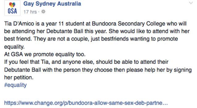 The teen's campaign has gained support from the LGBTI community nationally. Picture: Facebook