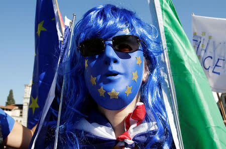 A demonstrator wears an EU themed face mask and carries Italian and British flags ahead of a speech by Britain's Prime Minister Theresa May in Florence, Italy September 22, 2017. REUTERS/Max Rossi