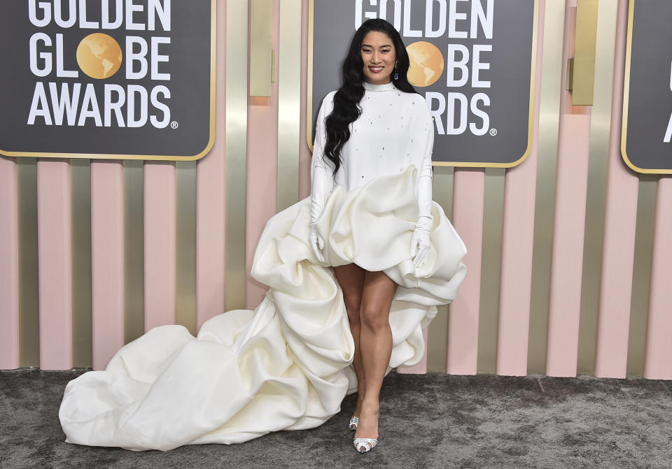 Chloe Flower arrives at the 80th annual Golden Globe Awards at the Beverly Hilton Hotel on Tuesday, Jan. 10, 2023, in Beverly Hills, Calif. (Photo by Jordan Strauss/Invision/AP)