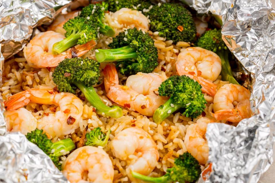 Shrimp, Broccoli and Rice Foil Packs