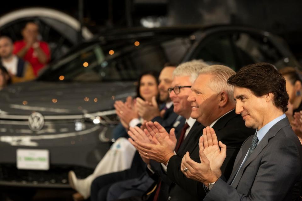 Prime Minister Justin Trudeau and Ontario Premier Doug Ford during an announcement on a Volkswagen electric vehicle battery plant at the Elgin County Railway Museum in St. Thomas, Ont., Friday, April 21, 2023. 