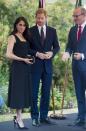 <p>For a garden party at the British Ambassador's residence in Dublin, Ireland, the Duchess of Sussex wore a black dress by Emilia Wickstead with an A-line silhouette, square neckline, and belt, July 2018.</p>