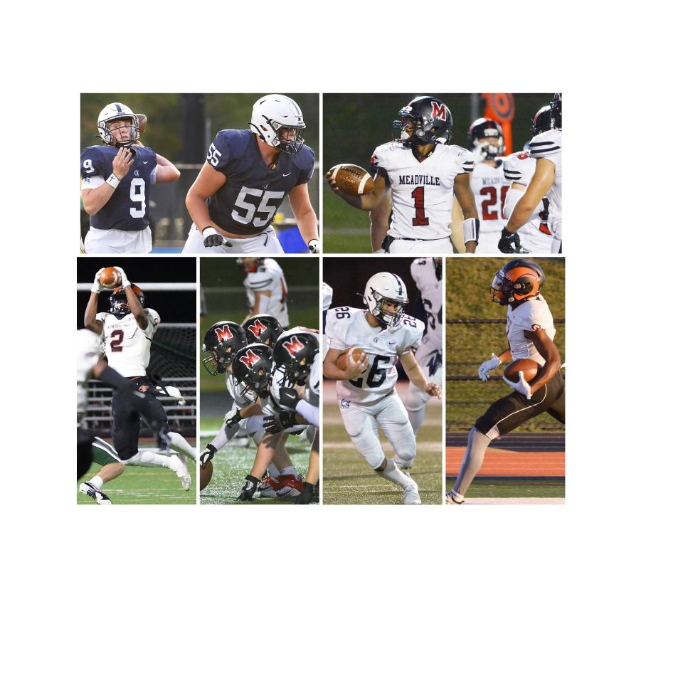 This is a composite image of football players from this past season, including some members of the 2022 Erie Times-News All-District 10 Big School Football Team. Pictured are, top row, from left: McDowell's Ben Moore throwing behind the block of Cooper Cousins, right; Meadville's Khalon Simmons returning the ball after a touchdown; bottom row, from left: Cathedral Prep's DeMario Crawford intercepting a pass; Meadville offensive linemen lining up before a snap; McDowell's Artis Simmons following blockers on a run; and Cathedral Prep's Wakeem Page scoring after a catch.