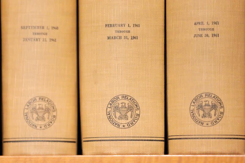 FILE PHOTO: The seal of the National Labor Relations Board (NLRB) is seen on books at their headquarters in Washington, D.C.