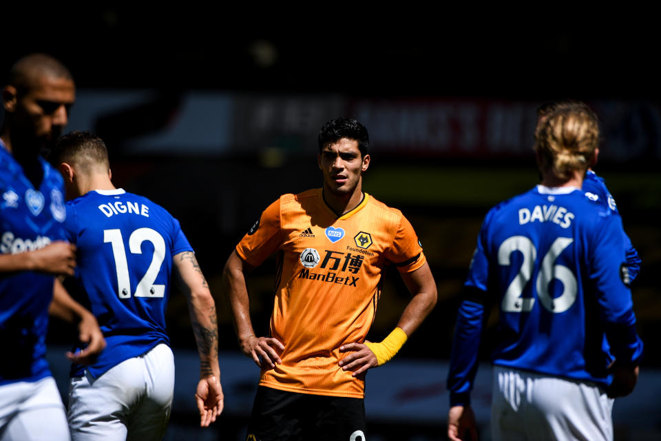 WOLVERHAMPTON, ENGLAND - JULY 12:  Raul Jimenez of Wolverhampton Wanderers during the Premier League match between Wolverhampton Wanderers and Everton FC at Molineux on July 12, 2020 in Wolverhampton, United Kingdom. Football Stadiums around Europe remain empty due to the Coronavirus Pandemic as Government social distancing laws prohibit fans inside venues resulting in all fixtures being played behind closed doors. (Photo by Sam Bagnall - AMA/Getty Images)