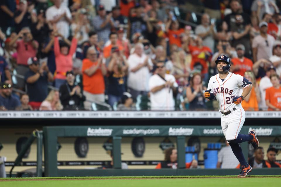 Astros second baseman Jose Altuve reacts to his home run against the Tigers in the third inning May 7, 2022 at Minute Maid Park in Houston.