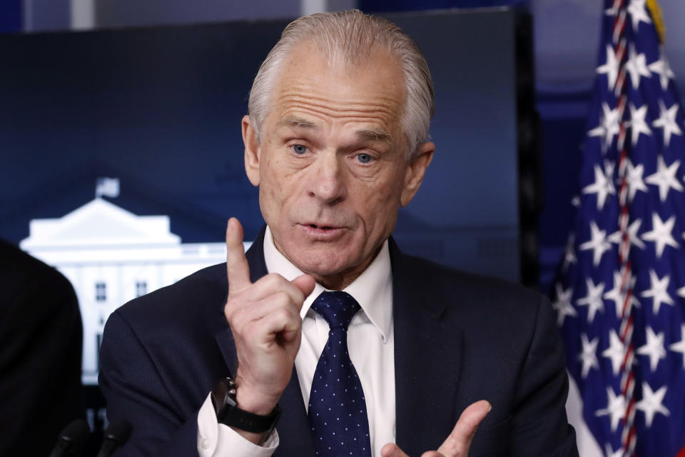 FILE - In this April 2, 2020, file photo, White House trade adviser Peter Navarro, who is now serving as national defense production act policy coordinator, speaks about the coronavirus in the James Brady Press Briefing Room of the White House in Washington. Navarro’s eagerness to confront, attack and be, as one former associate put it, “a real jerk to people” didn’t serve him well as a political candidate in the 1990s. But it fits what President Donald Trump was looking for to muscle companies to make critical supplies needed to fight the coronavirus. (AP Photo/Alex Brandon, File)