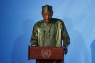 FILE - In this Monday, Sept. 23, 2019 file photo, Chadian President Idriss Deby Itno addresses the Climate Action Summit at the United Nations General Assembly, at U.N. headquarters. Deby, who ruled the central African nation for more than three decades, was killed on the battlefield Tuesday, April 20, 2021 in a fight against rebels, the military announced on national television and radio. (AP Photo/Jason DeCrow, File)