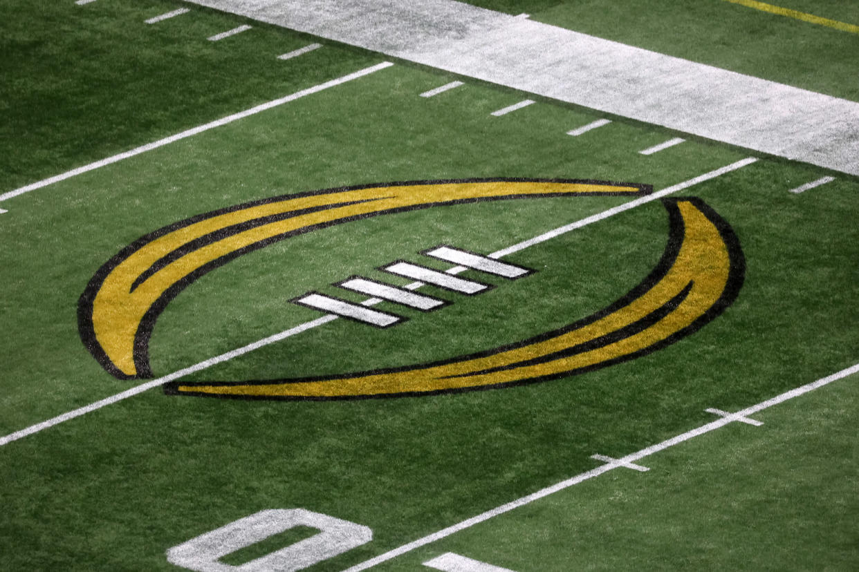 ATLANTA, GA - DECEMBER 31:  A general view of the CFP logo before the college football Playoff Semifinal game at the Chick-fil-a Peach Bowl between the Georgia Bulldogs and the Ohio State Buckeyes on December 31, 2022 at Mercedes-Benz Stadium in Atlanta, Georgia.  (Photo by Michael Wade/Icon Sportswire via Getty Images)