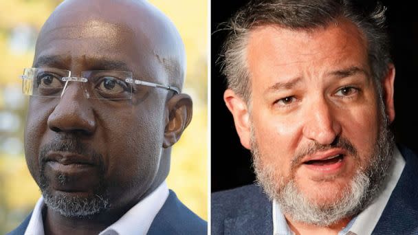 PHOTO: Raphael Warnock and Ted Cruz are pictured in composited images. (Getty Images)