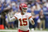Kansas City Chiefs quarterback Patrick Mahomes throws during the first half of an NFL football game against the Indianapolis Colts, Sunday, Sept. 25, 2022, in Indianapolis. (AP Photo/Michael Conroy)