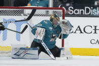 San Jose Sharks goaltender Josef Korenar (32) blocks a shot against the Colorado Avalanche during the first period of a hockey game in San Jose, Calif., on Wednesday, May 5, 2021. (AP Photo/Tony Avelar)