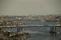 Hagia Sophia dominates Istanbul's skyline , with the Golden Horn in the foreground, Monday, April 12, 2021. Turkey's President Recep Tayyip Erdogan was forced to announce renewed restrictions following a spike on COVID-19 cases, such as weekend lockdowns and the closure of cafes and restaurants during Ramadan, the holy Muslim month, starting on April 13. (AP Photo/Emrah Gurel)