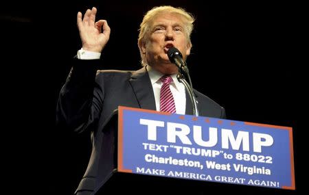 Republican U.S. presidential candidate Donald Trump speaks to supporters in Charleston, West Virginia, U.S. May 5, 2016. REUTERS/Chris Tilley