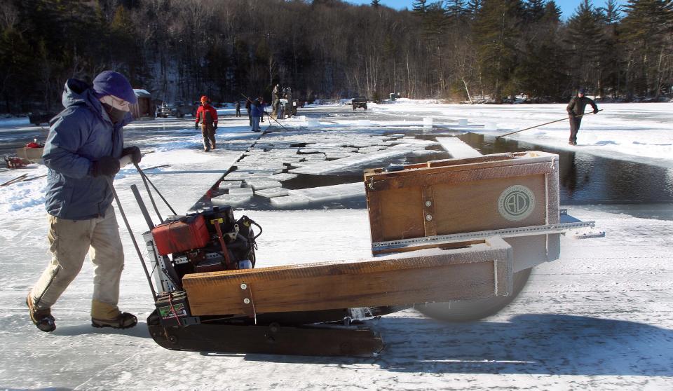 Carl Hansen uses a custom designed circular saw to cut into more than a foot thick of ice in Squaw Cove on Squam Lake Thursday Jan. 9, 2014 in Sandwich, N.H. More than 3,500 blocks of ice will be taken from the lake during the annual ice harvest and used to cool ice boxes for residents in the summer at the Rockywold-Deephaven Camp. (AP Photo/Jim Cole)