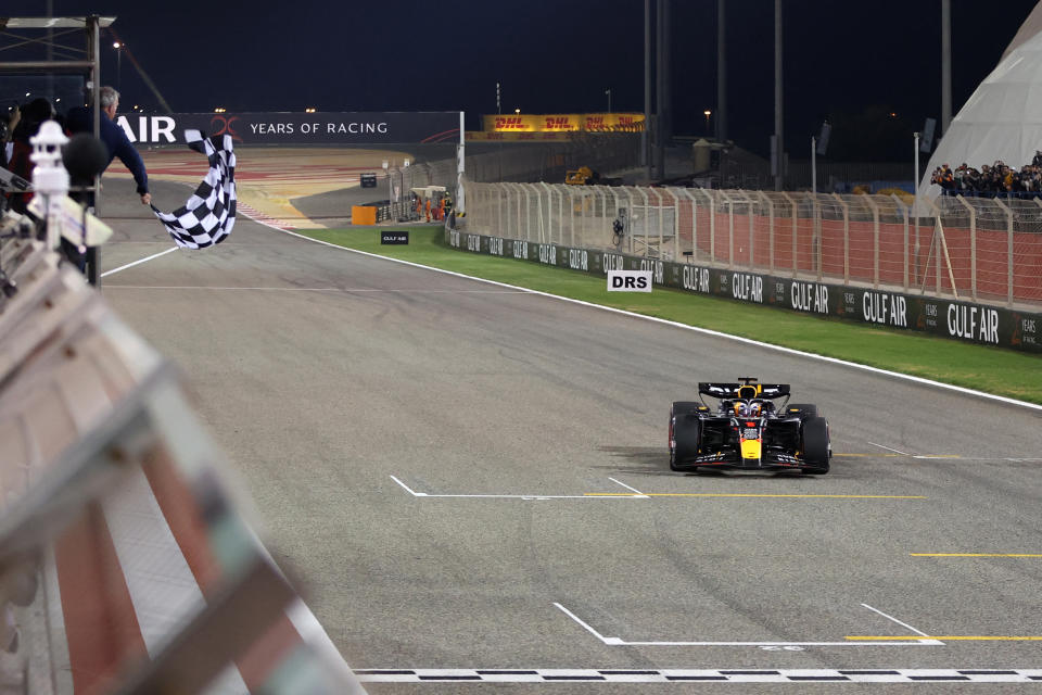 Red Bull Racing's Dutch driver Max Verstappen crosses the finish line to win the Bahrain Formula One Grand Prix at the Bahrain International Circuit in Sakhir on March 2, 2024. (Photo by ALI HAIDER / POOL / AFP) (Photo by ALI HAIDER/POOL/AFP via Getty Images)
