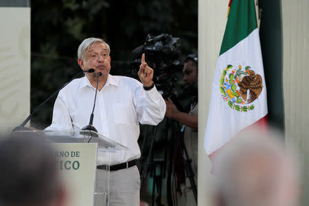 Mexico's President Andres Manuel Lopez Obrador delivers a speech during an event in Badiraguato, in the Mexican state of Sinaloa, Mexico February 15, 2019. REUTERS/Daniel Becerril