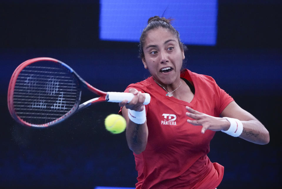Daniela Seguel of Chile makes a forehand return to Maria Sakkari of Greece during their United Cup tennis match in Sydney, Australia, Tuesday, Jan. 2, 2024. (AP Photo/Mark Baker)