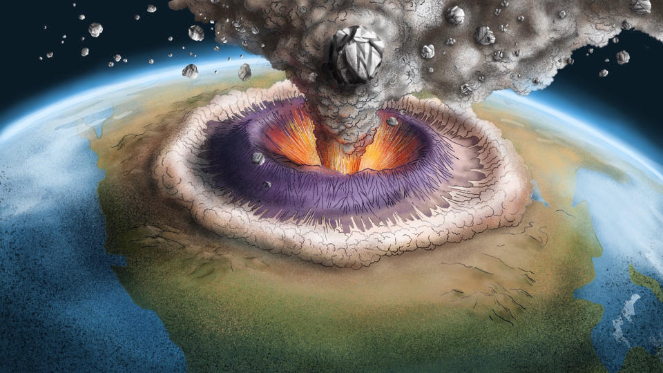 Illustration of diamonds erupting from volcano.