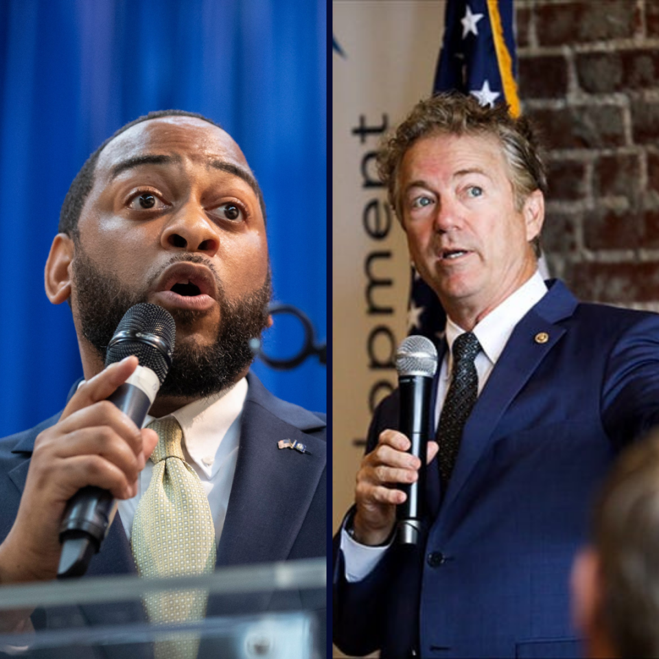 Former Democratic state Rep. Charles Booker, left, is looking to take the place of Republican Rand Paul in the U.S. Senate.