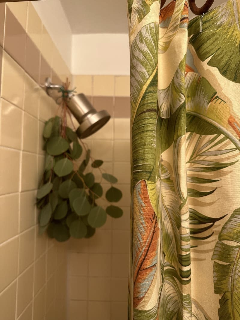 Bathroom shower head with floral shower curtain.