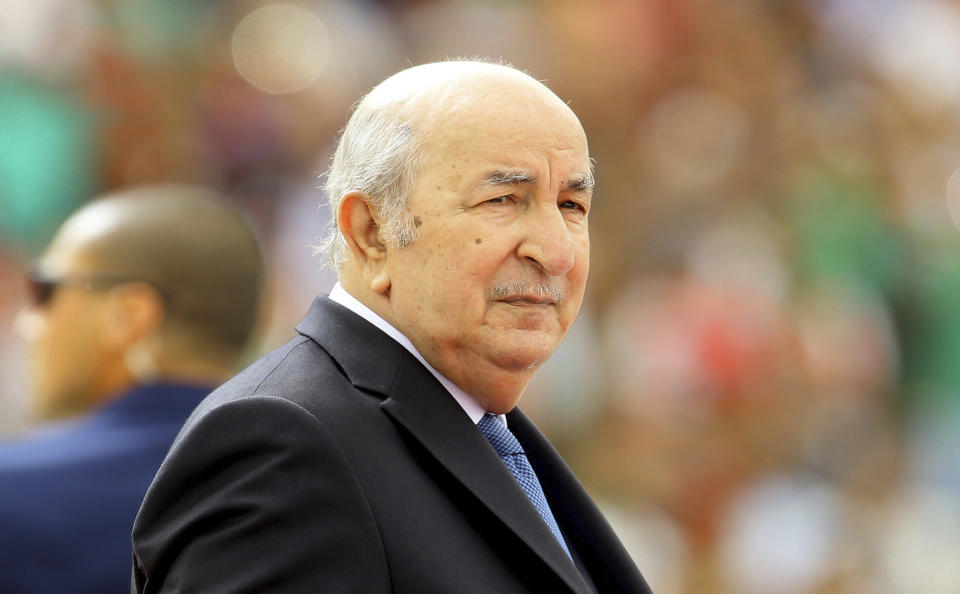 Algerian President Abdelmadjid Tebboune attends the women's soccer Algerian cup final at the 5tH of July stadium in Algiers. Algeria's president announced on Thursday July 11, 2024 that he intends to run for a second term in office, five years after ascending to power as the military and establishment-backed candidate amid widespread pro-democracy street protests. (AP Photo/Fateh Guidoum)
