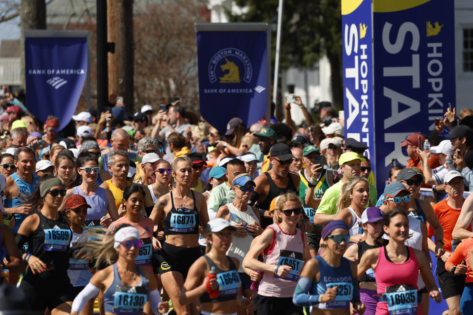 FILE - A wave of runners start the Boston Marathon, Monday, April 15, 2024, in Hopkinton, Mass. (AP Photo/Mary Schwalm, File)